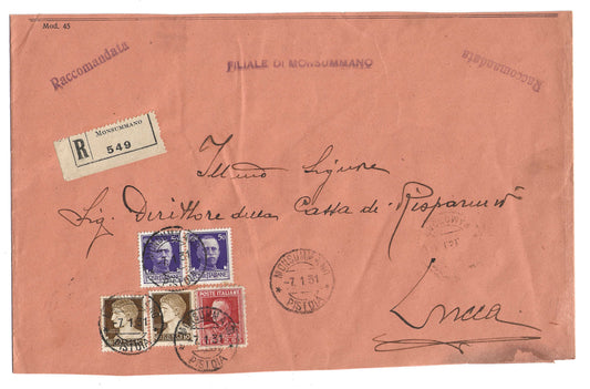 1931 Regno d'Italia busta per Lucca da Monsummano con francobollo da 2,55 l. rosso tipo Parmeggiani