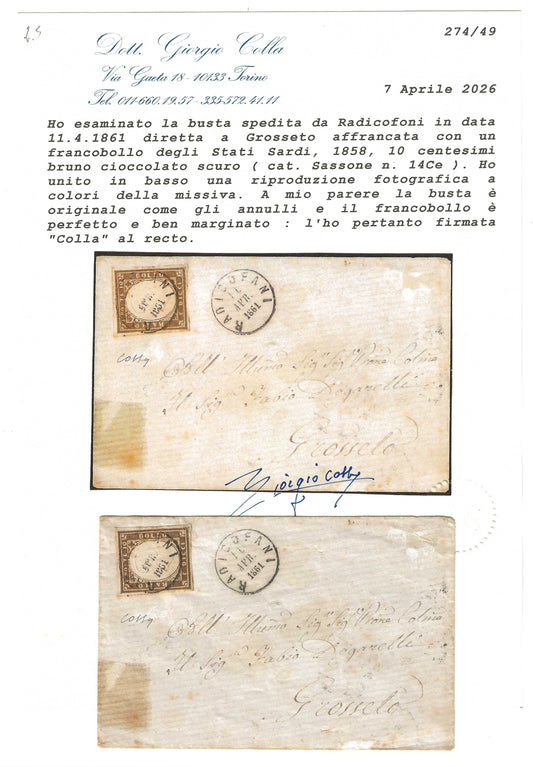 1861 Regno di Sardegna Piego con francobollo 10 c. bruno cioccolato scuro Sassone 14Ce da Radicofani a Grosseto