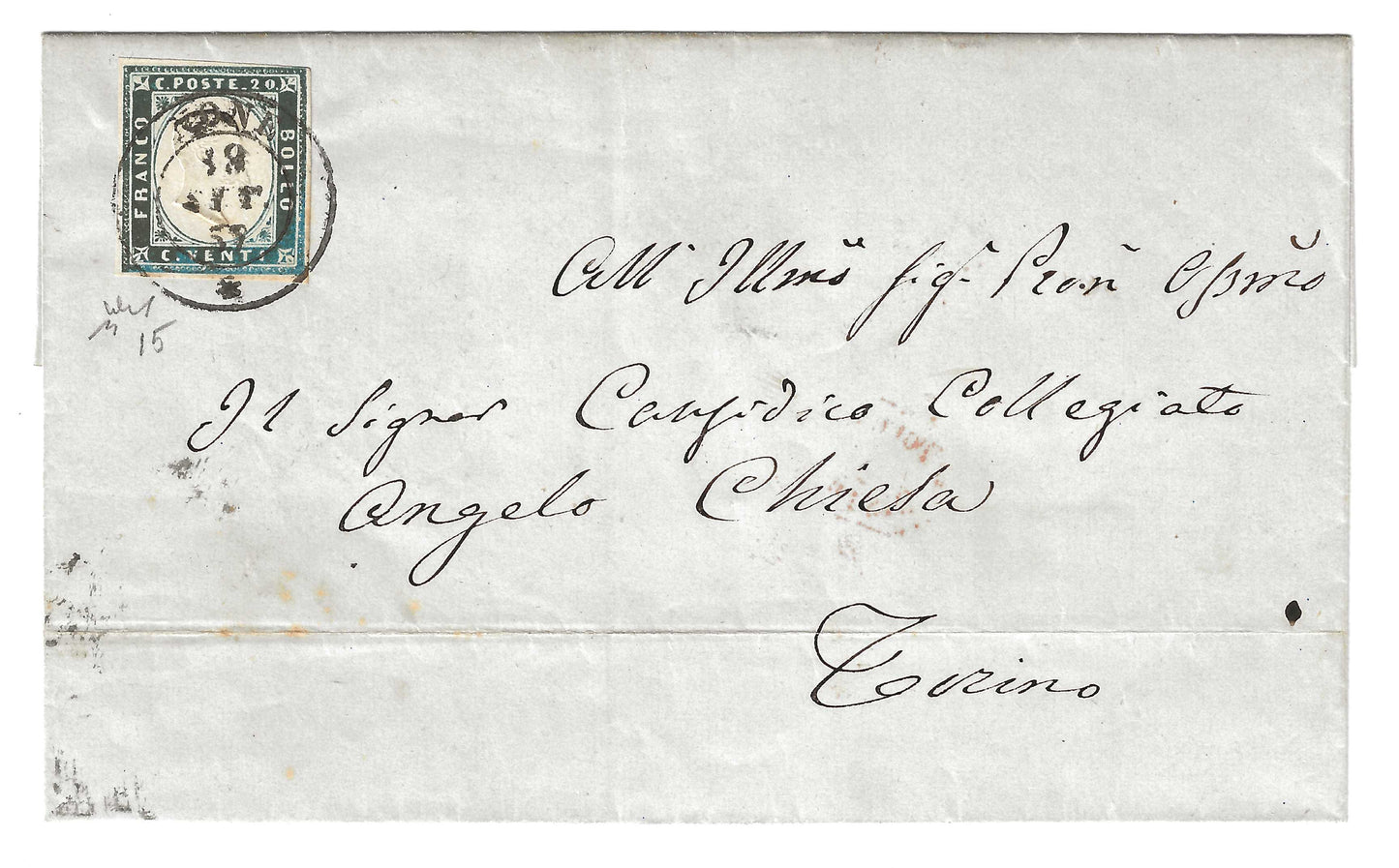 1856 Regno di Sardegna - Piego di lettera da NONE a Torino con francobollo da 20 c. IV emissione