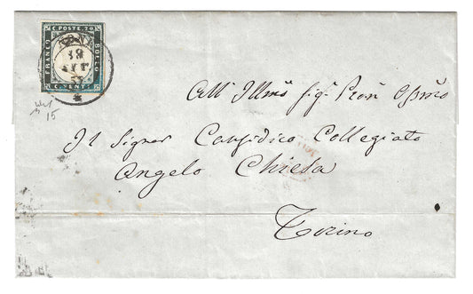 1856 Regno di Sardegna - Piego di lettera da NONE a Torino con francobollo da 20 c. IV emissione