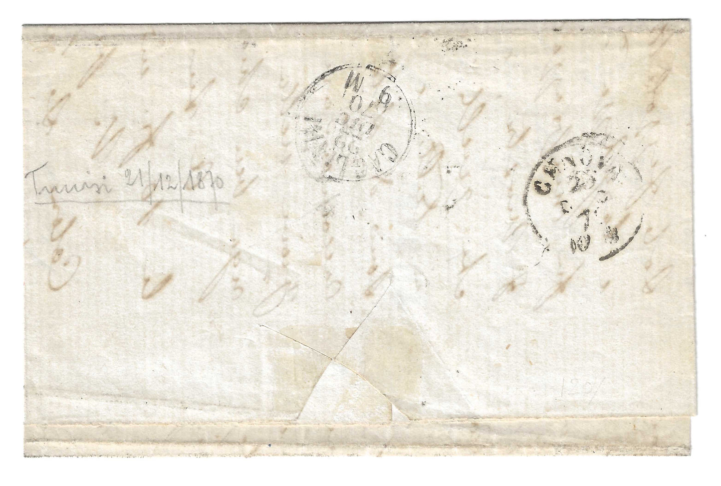 1870 Regno d'Italia - Piego da Tunisi a Genova tassato con 10 c. Segnatasse
