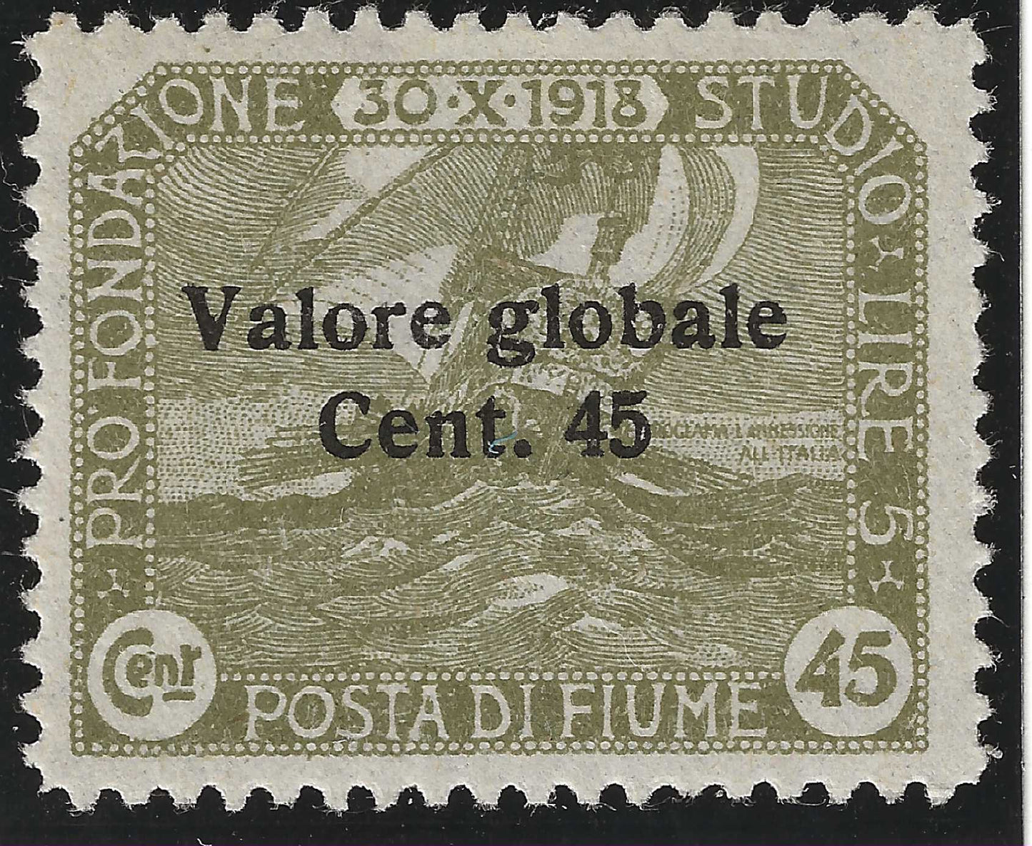 1920 Fiume - Francobollo da 45 c. Valore Globale caratteri piccoli in neretto MH*