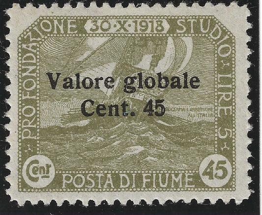 1920 Fiume - Francobollo da 45 c. Valore Globale caratteri piccoli in neretto MH*