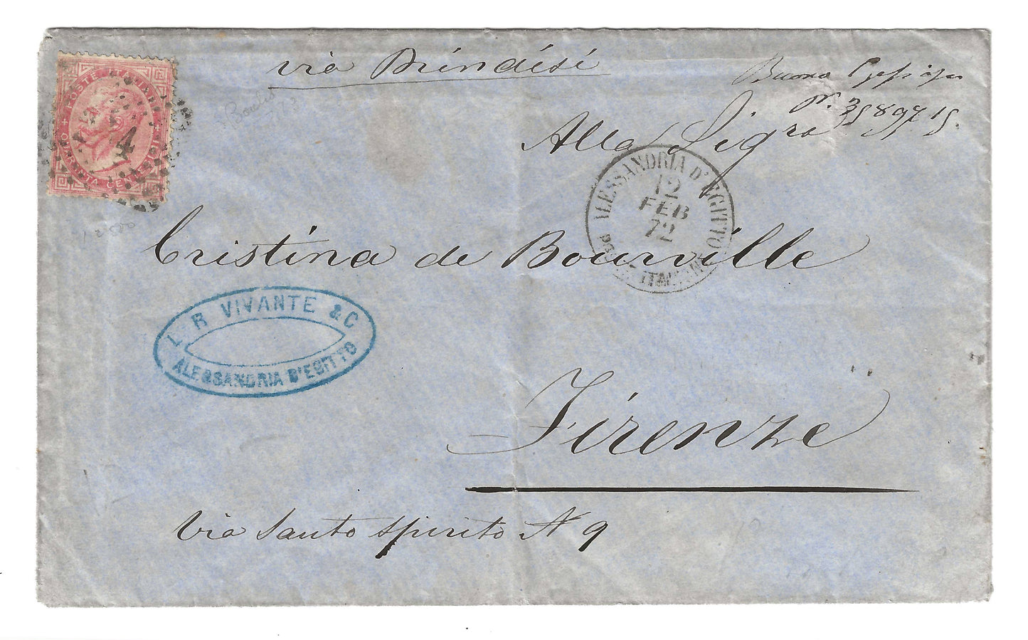 1872 Regno d'Italia - Busta da Alessandria d'Egitto annullo senza ore per Firenze e 40 c.
