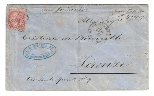 1872 Regno d'Italia - Busta da Alessandria d'Egitto annullo senza ore per Firenze e 40 c.