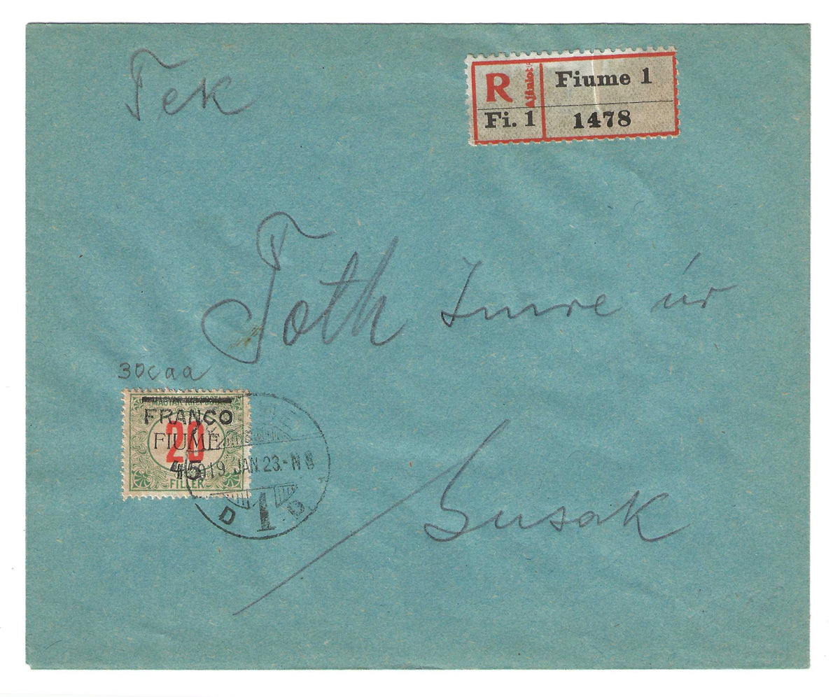 1919 Fiume - Busta per Susak con francobollo da 45 su 20 f. FRANCO 45 doppia soprastampa del 45