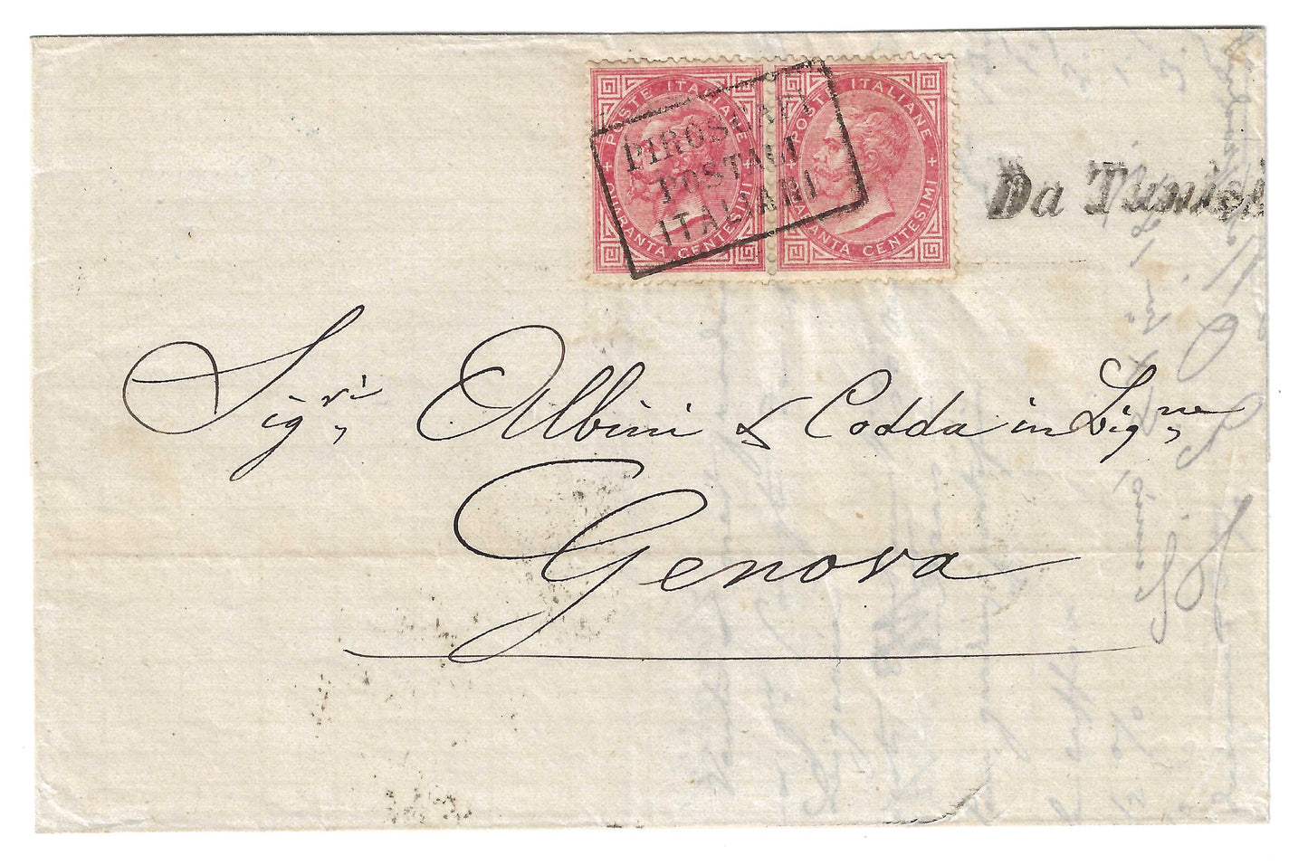 1869 Regno - Piego DA TUNISI in corsivo con coppia francobolli 40 c. annullati Piroscafi Postali Italiani