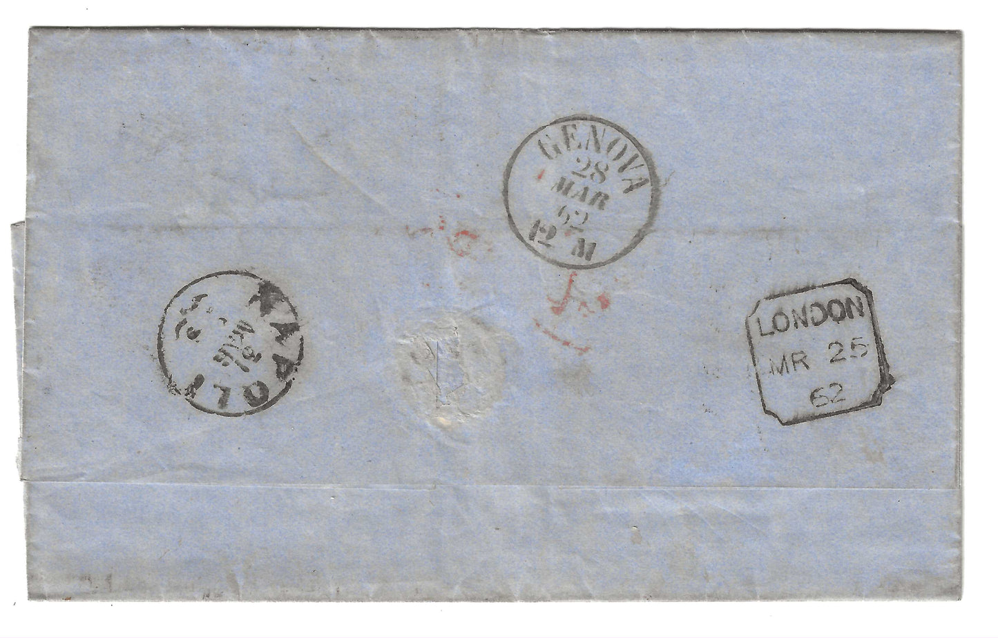 1862 Gran Bretagna - Piego di lettera con francobollo da 9 p. giallo lettere piccole per Napoli via Genova