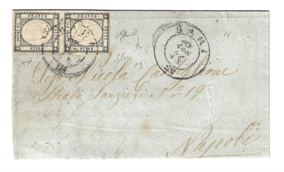 1861 Province Napoletane - Lettera con coppia di francobolli da 1 grana da Bari a Napoli