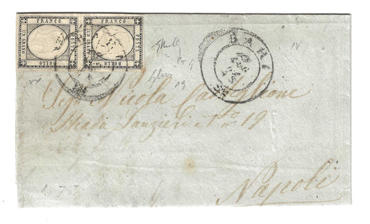 1861 Province Napoletane - Lettera con coppia di francobolli da 1 grana da Bari a Napoli
