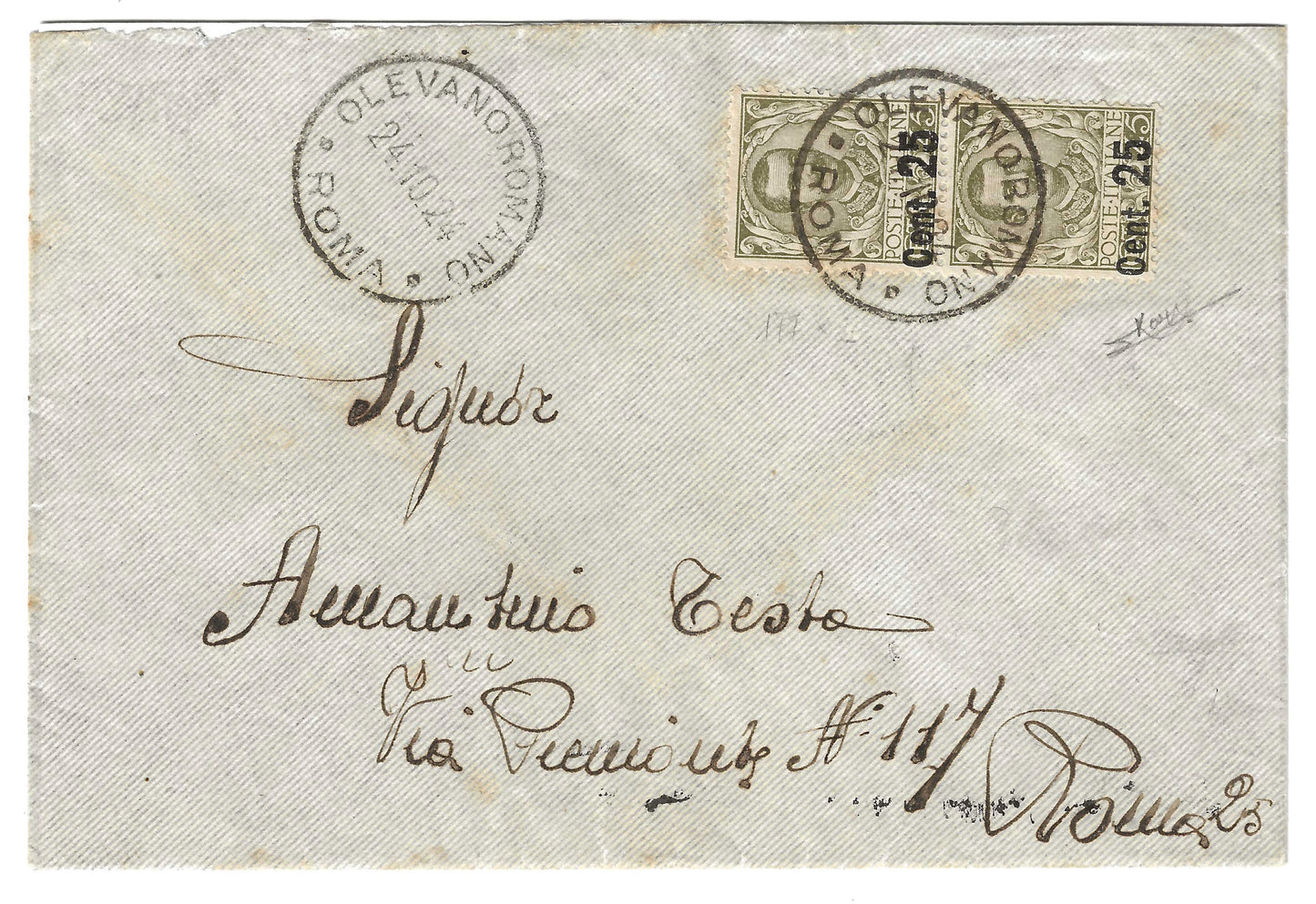 1924 Regno d'Italia - Busta per Roma con coppia francobolli 25 su 45 c. oliva serie Floreale
