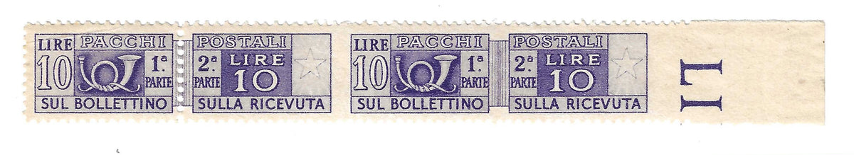 1946 Repubblica italiana - Francobolli da 10 l. Pacchi Postali ruota non dentellati a destra MNH**