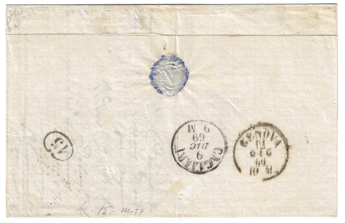 1869 Regno - Piego DA TUNISI in corsivo con coppia francobolli 40 c. annullati Piroscafi Postali Italiani