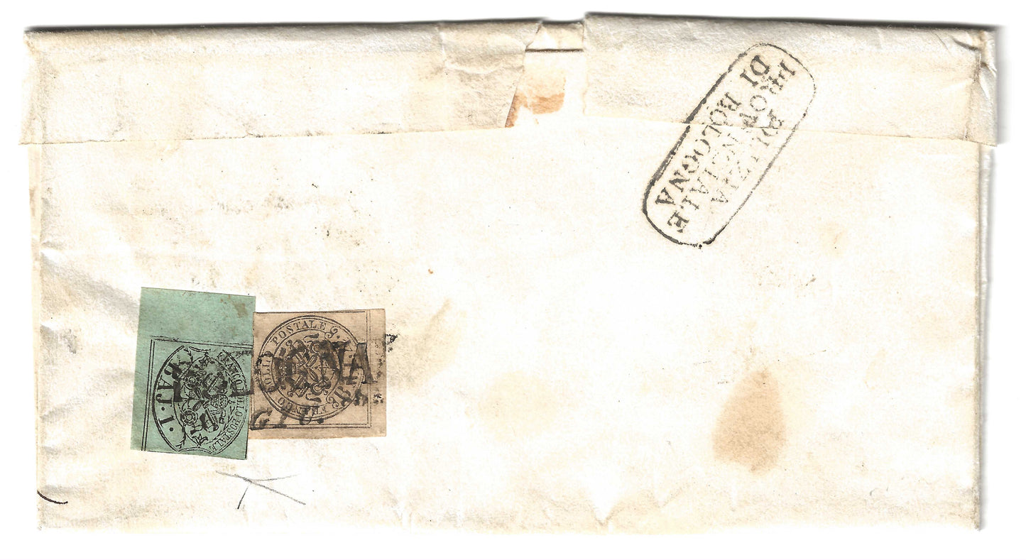 1857 Stato Pontificio - Piego con stampatello dritto di BOLOGNA con francobolli da 1 e 4 baj.