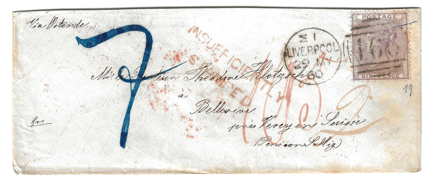 1855 Gran Bretagna - Busta con francobollo da 6 p. violetto per la Svizzera da Liverpool tassata