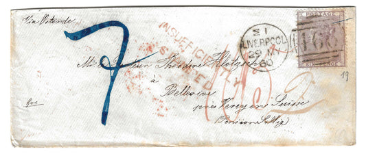 1855 Gran Bretagna - Busta con francobollo da 6 p. violetto per la Svizzera da Liverpool tassata