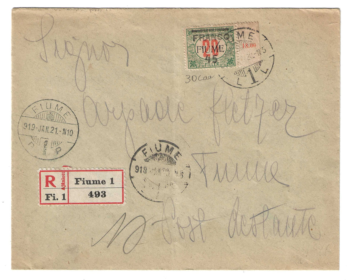 1919 Fiume - Busta per città con francobollo da 45 su 20 f. FRANCO 45 doppia soprastampa del 45