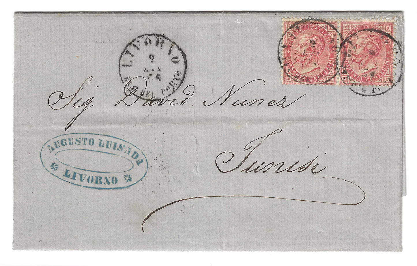 1864 Regno d'Italia - Lettera da Livorno Ufficio del Porto a Tunisi con coppia francobolli 40 c. De La Rue