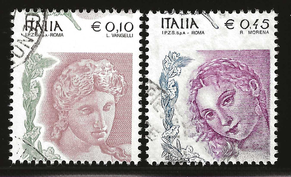 2003 Repubblica italiana - Francobolli della serie Donna nell'Arte 0,10 + 0,45 € dentellature spostate