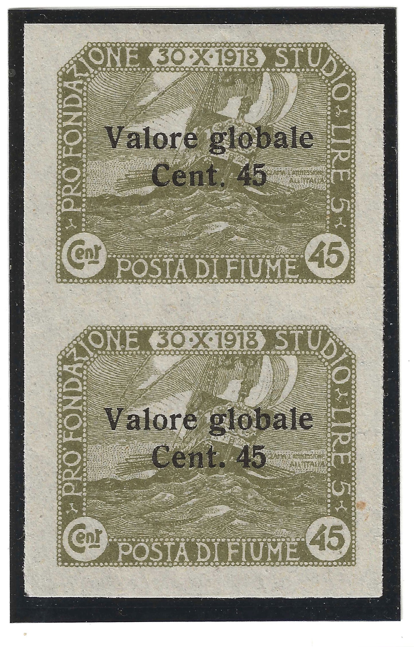 1920 Fiume - Coppia francobolli 45 c. Valore Globale non dentellata verticale MNH**