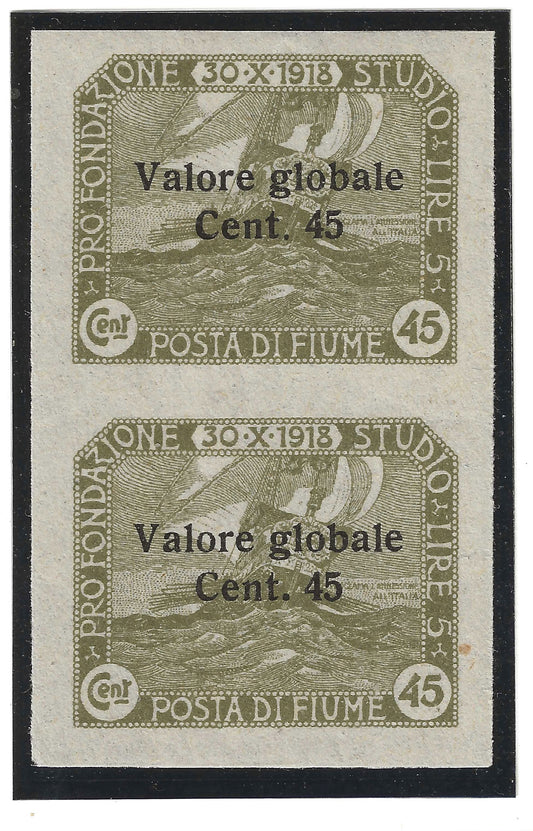 1920 Fiume - Coppia francobolli 45 c. Valore Globale non dentellata verticale MNH**