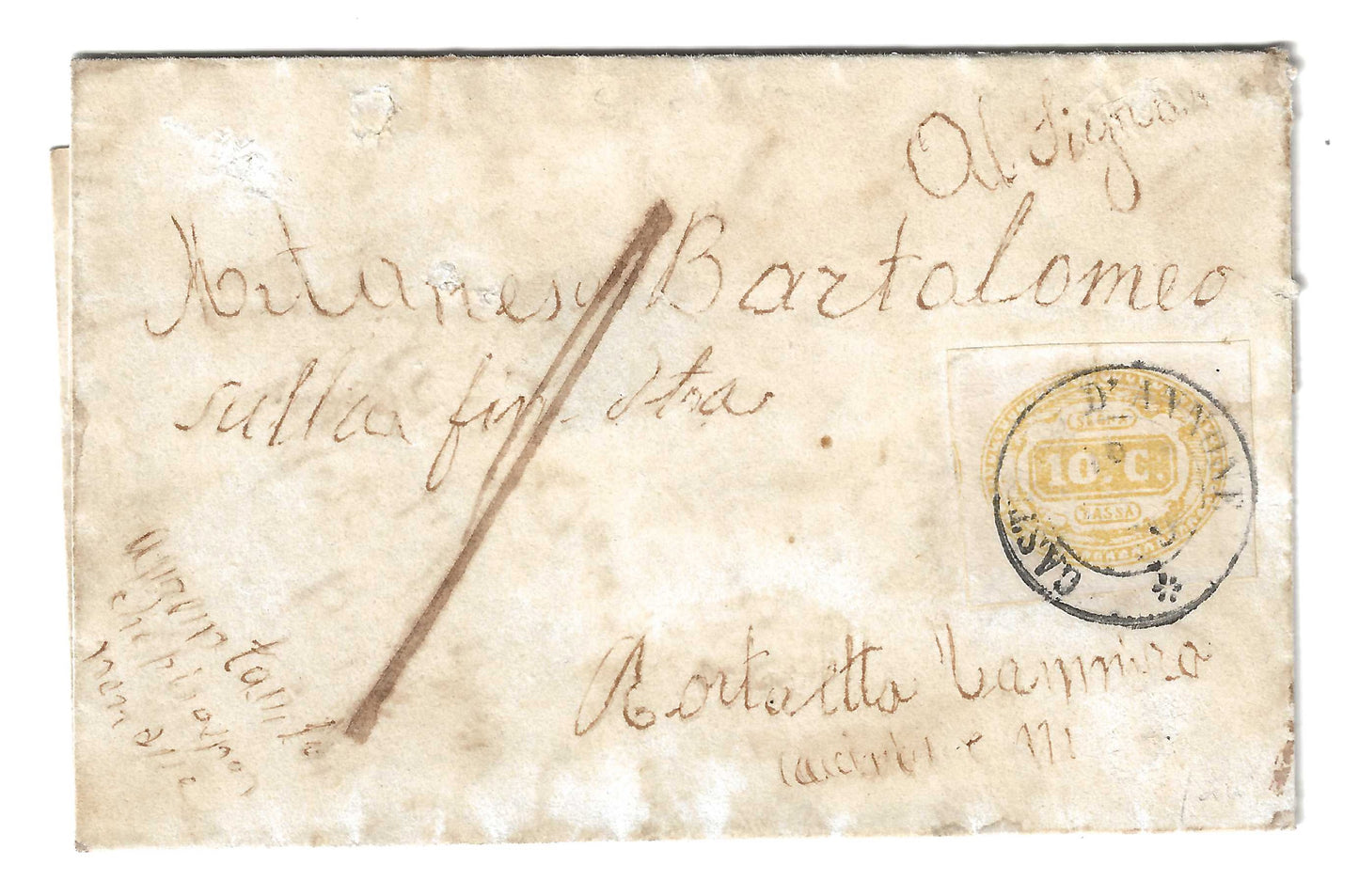 Regno - Lettera da CASTEL D'ANNONE data illeggibile con Segnatasse 10 c. 1863