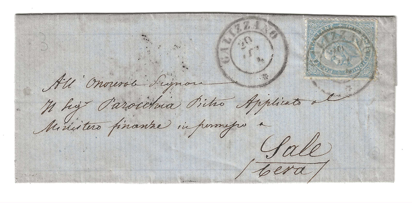 1864 Regno d'Italia - Piego da CALIZZANO a Sale con francobollo da 15 c. De La Rue Londra