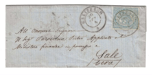 1864 Regno d'Italia - Piego da CALIZZANO a Sale con francobollo da 15 c. De La Rue Londra