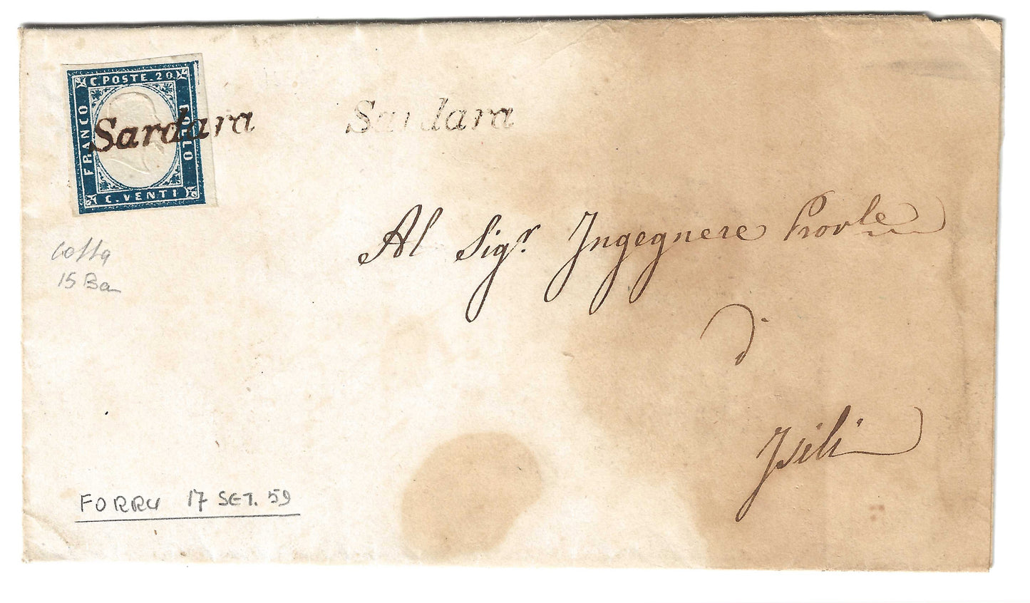 1859 Regno di Sardegna - Piego di lettera da SARDARA a Isili con francobollo da 20 c. IV emissione