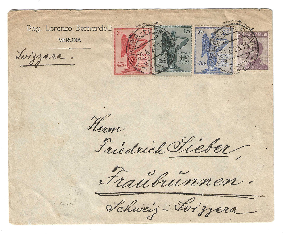 1923 Regno d'Italia - Busta per la Svizzera con affrancatura tricolore Vittoria
