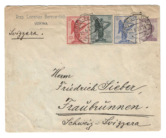1923 Regno d'Italia busta per la Svizzera con affrancatura tricolore Vittoria