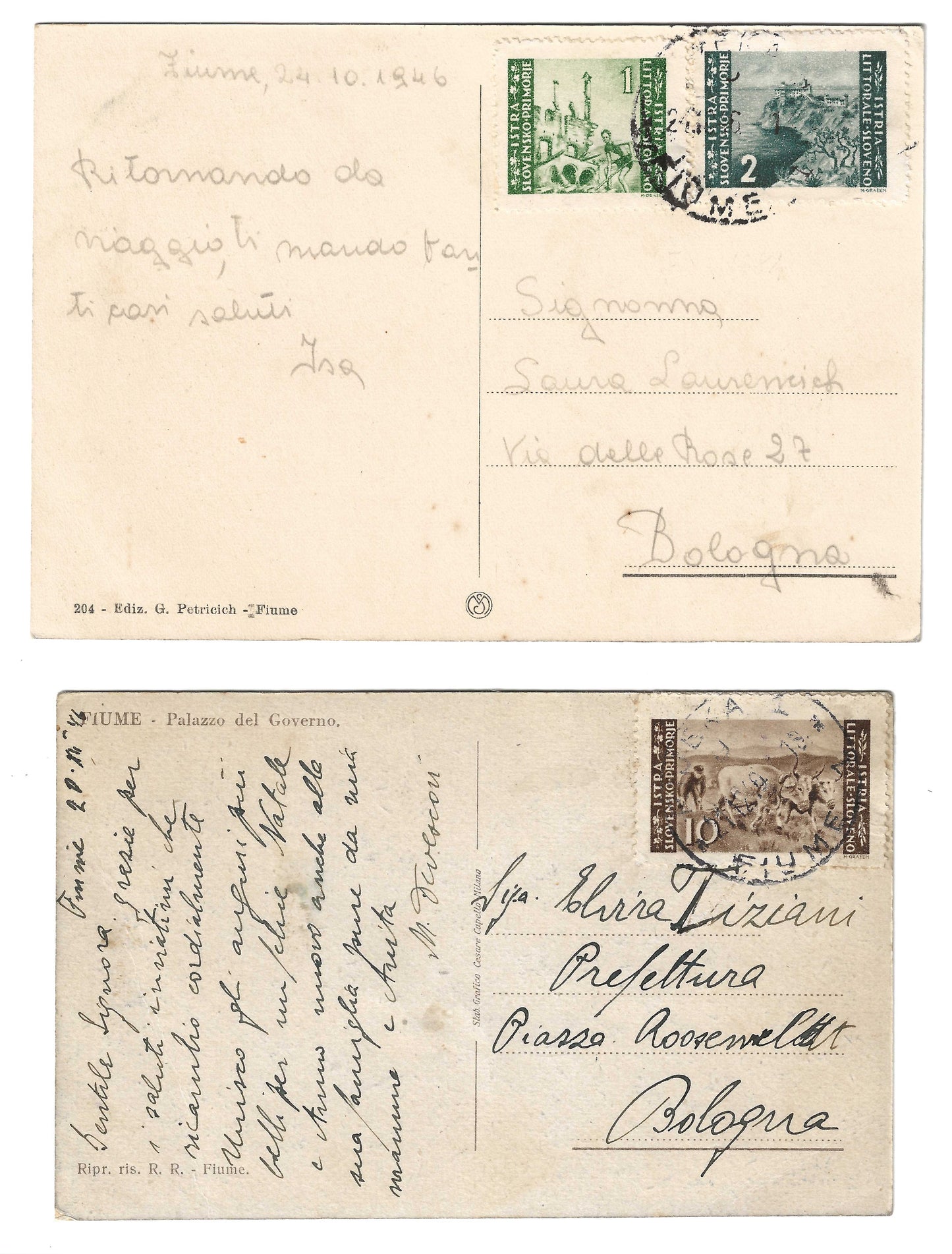 1946 Fiume - Due Cartoline da Fiume/Rijeka a Bologna con francobolli serie Litorale
