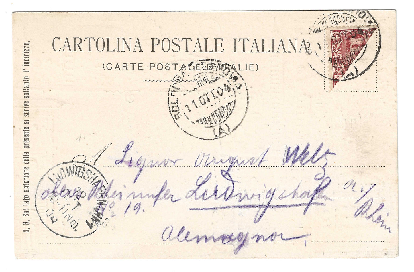 1904 Regno d'Italia - Francobollo frazionato da 10 c. Floreale 1901 su cartolina per la Germania