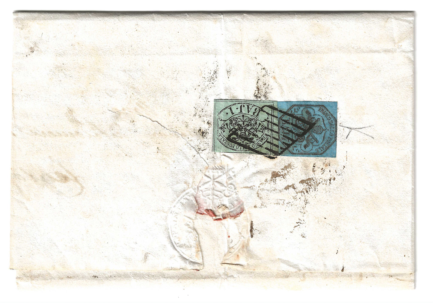 1857 Stato Pontificio - Piego da Ferrara a Cento con francobolli da 1 e 7 baj. I emissione
