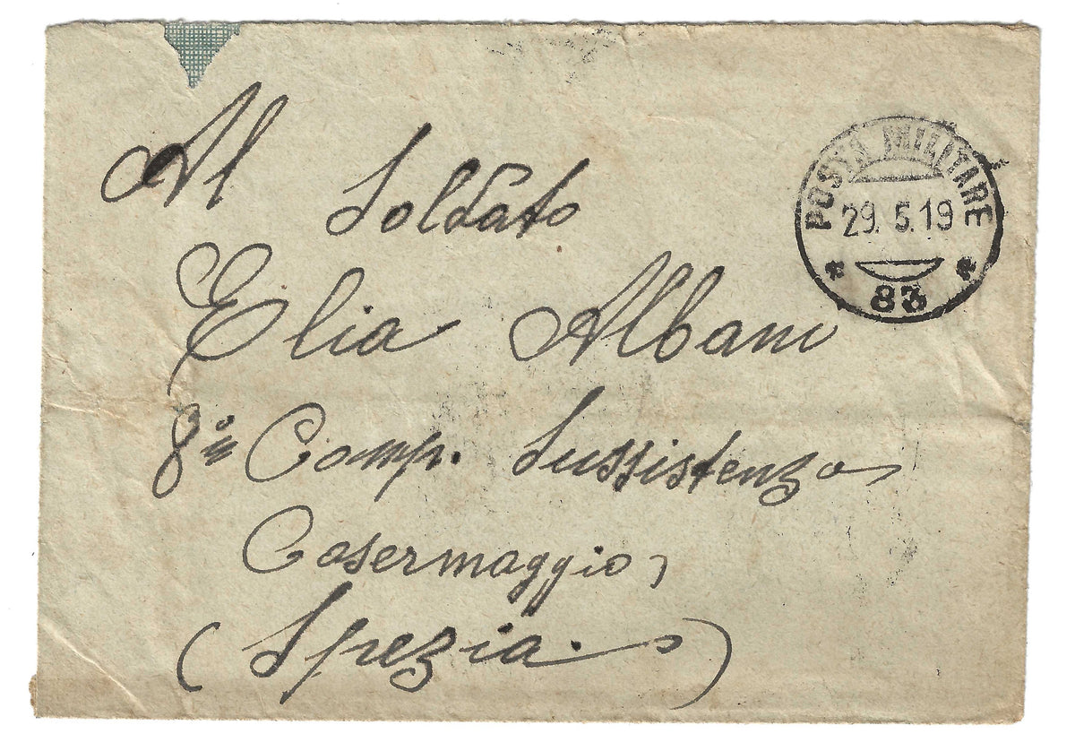 1919 Fiume - Busta Posta Militare per La Spezia con francobolli da 5 e 10 c. Allegorie carta C