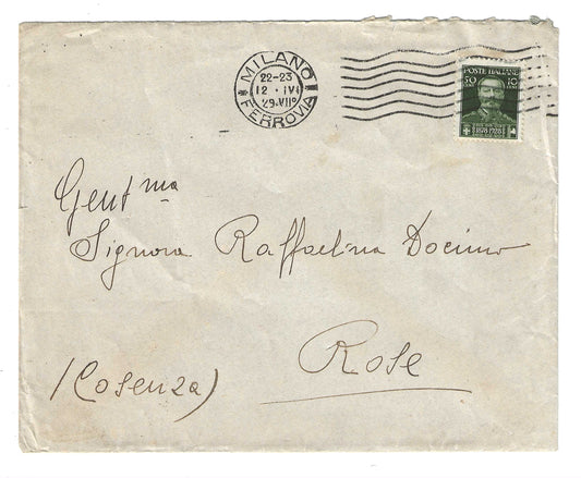 1929 Regno d'Italia busta con francobollo 50 c. + 10 c. verde serie Morte Vittorio Emanuele II