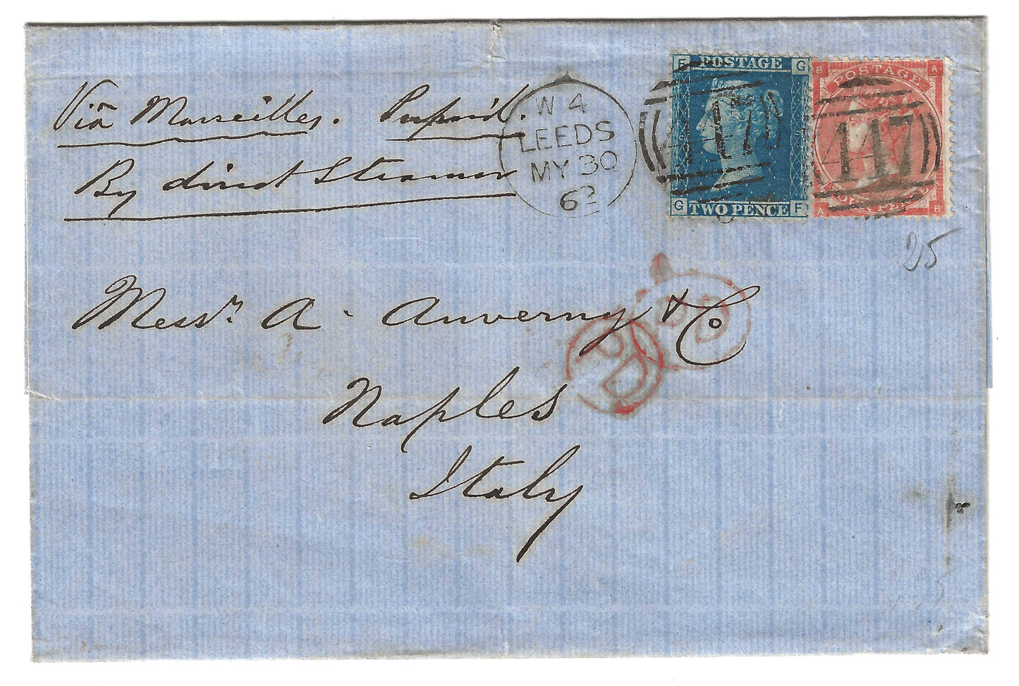 1862 Gran Bretagna - Piego di lettera con francobollo da 4 p. arancio grande giarrettiera per Napoli