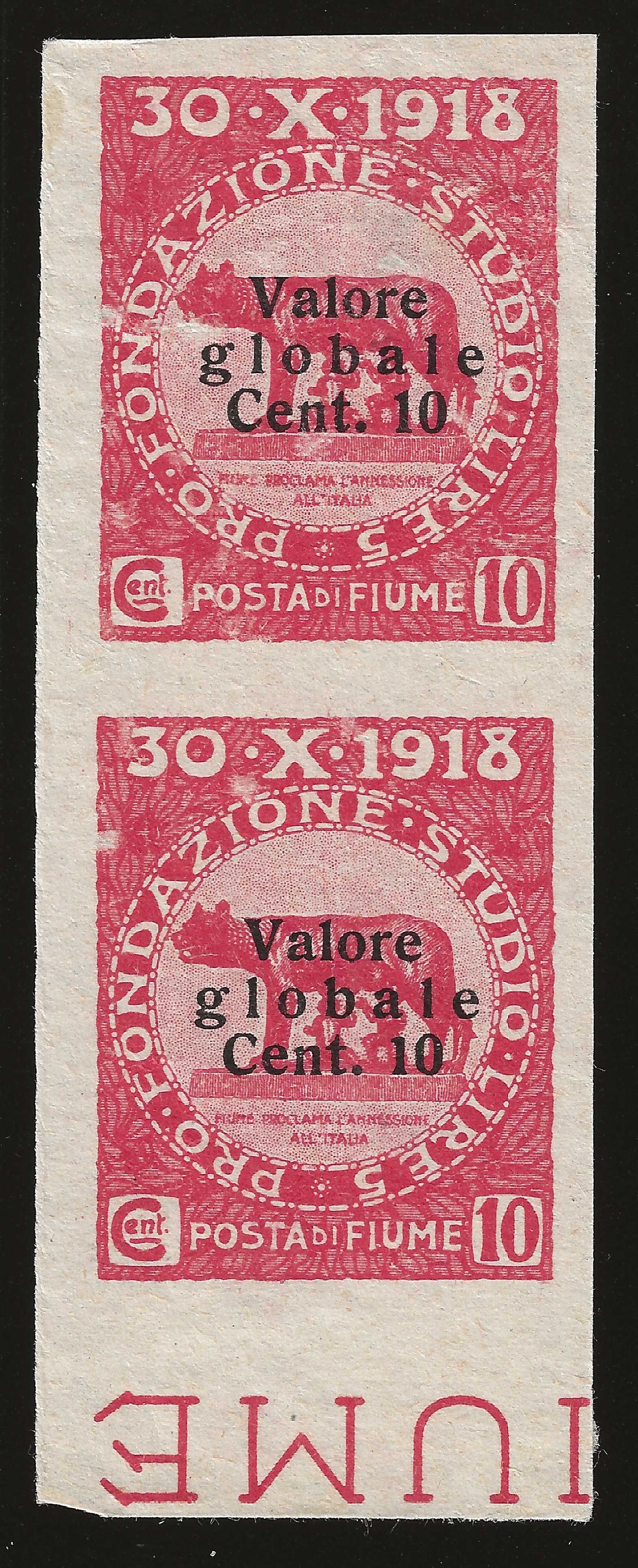 1920 Fiume - Francobolli da 10 c. Valore Globale in coppia non dentellata verticale senza gomma