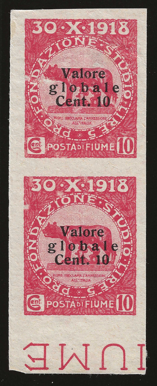 1920 Fiume - Francobolli da 10 c. Valore Globale in coppia non dentellata verticale senza gomma