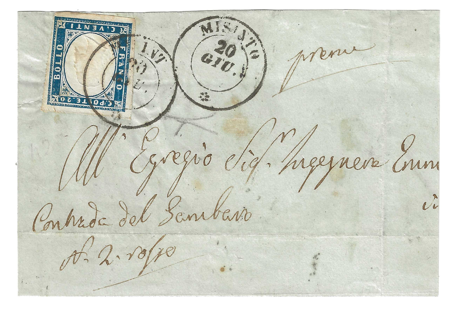 1862 Regno di Sardegna - Frontespizio da MISINTO annullo senza anno con francobollo da 20 c. IV emissione