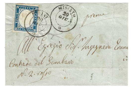1862 Regno di Sardegna - Frontespizio da MISINTO annullo senza anno con francobollo da 20 c. IV emissione