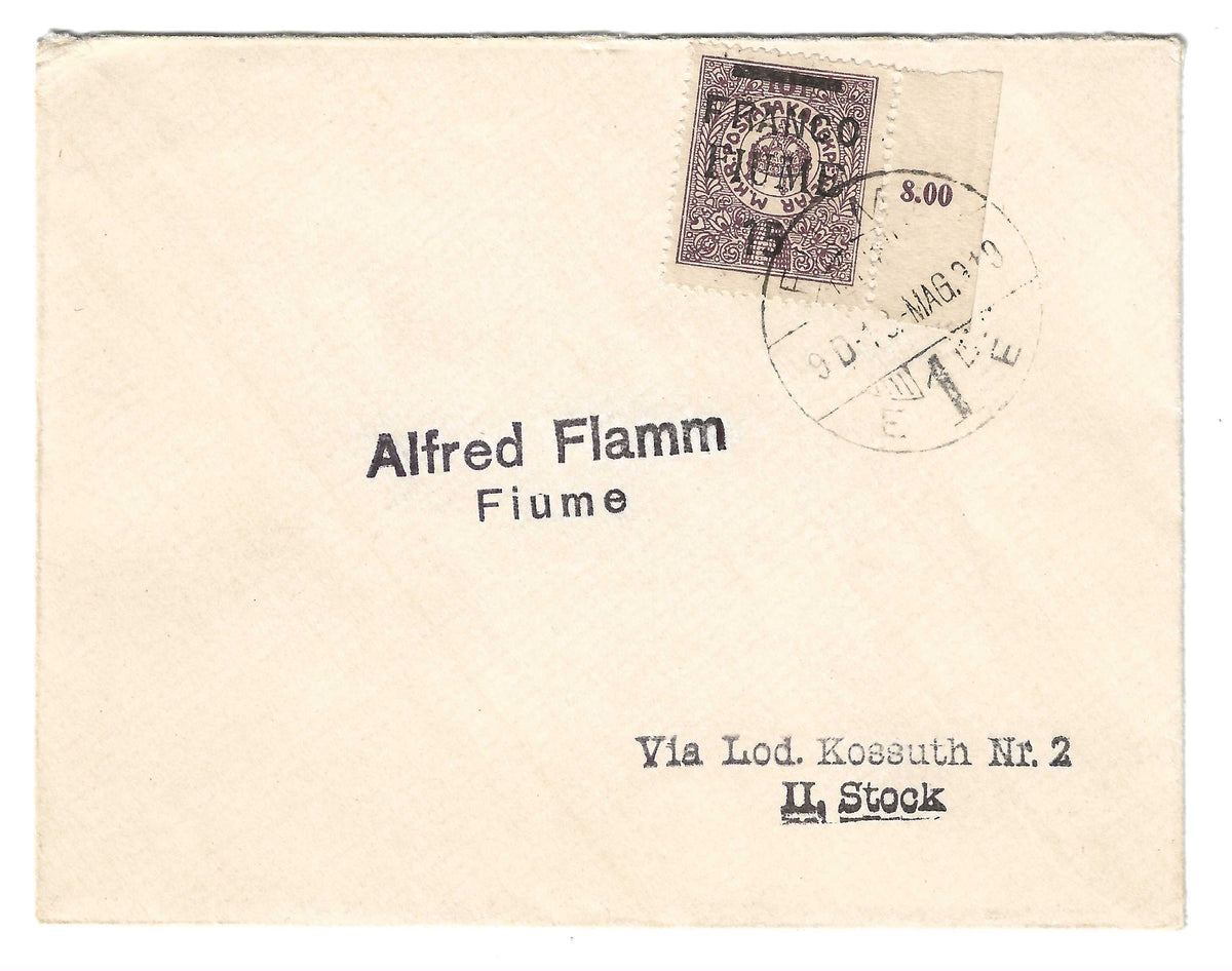 1919 Fiume - Busta per città con francobollo da 15 su 10 f. FRANCO FIUME 15 bordo foglio