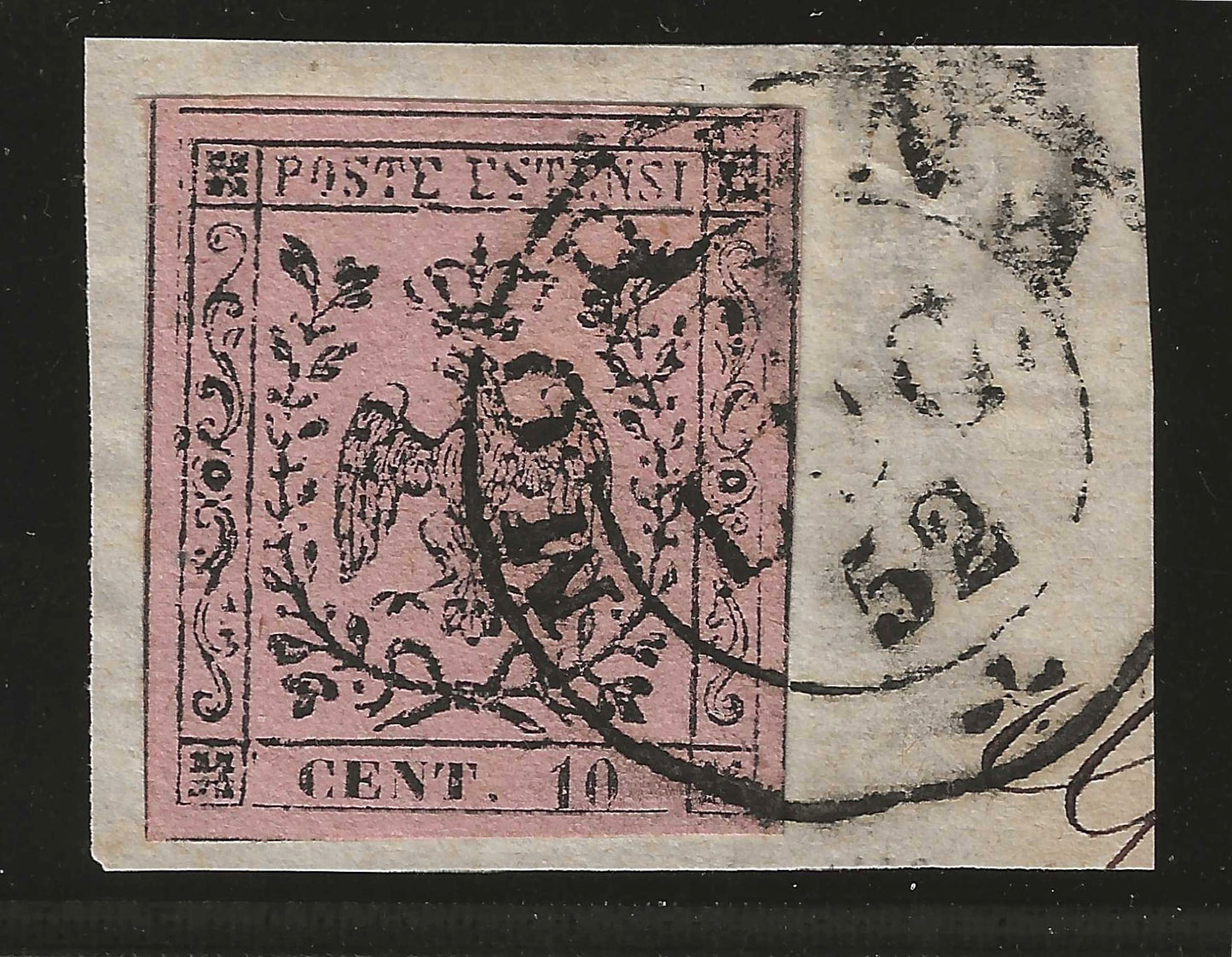 1852 Ducato di Modena - Frammento con francobollo da 10 cent. rosa e annullo a doppio cerchio firma Vaccari