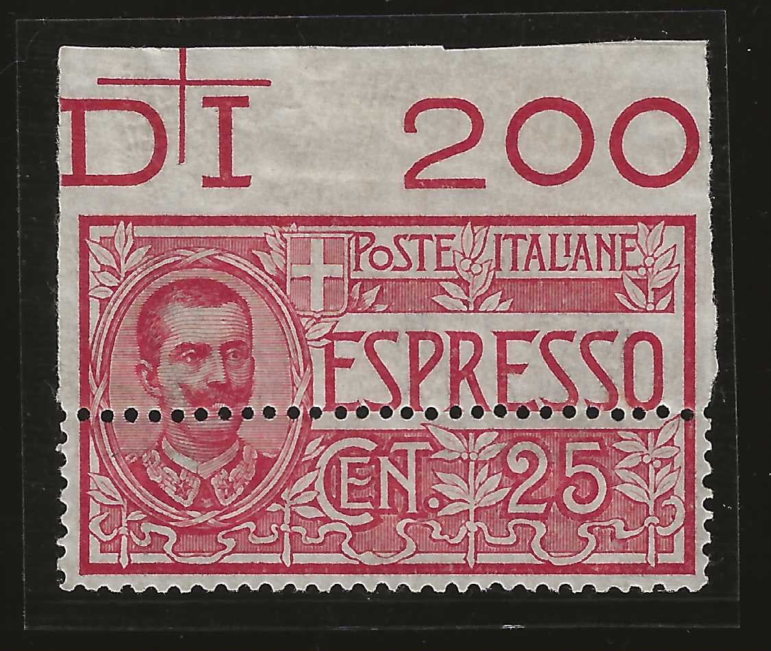 1903 Regno d'Italia - Francobollo per espresso 25 c. dentellatura fortemente spostata MH*