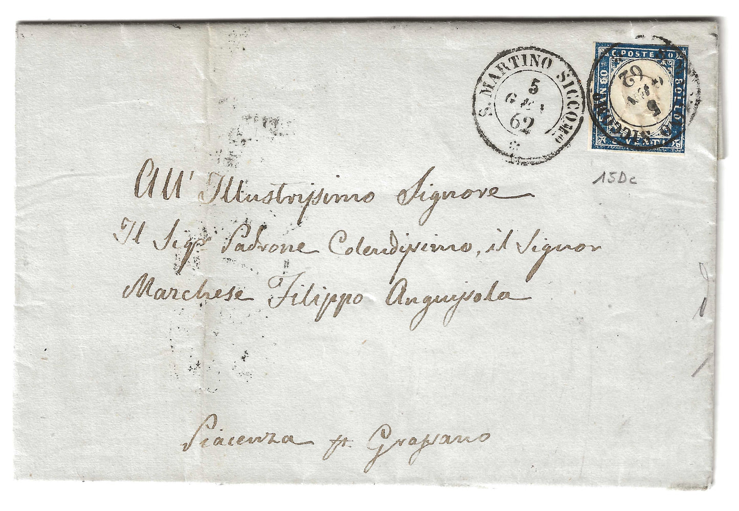 1862 Regno di Sardegna - Piego da S. MARTINO SICCOMARIO a Grassano con francobollo da  20 c. IV emissione