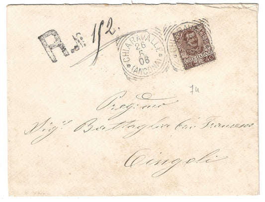 1906 Regno d'Italia - Busta da Ancona a Cingoli con francobollo 40 c. Floreale del 1901