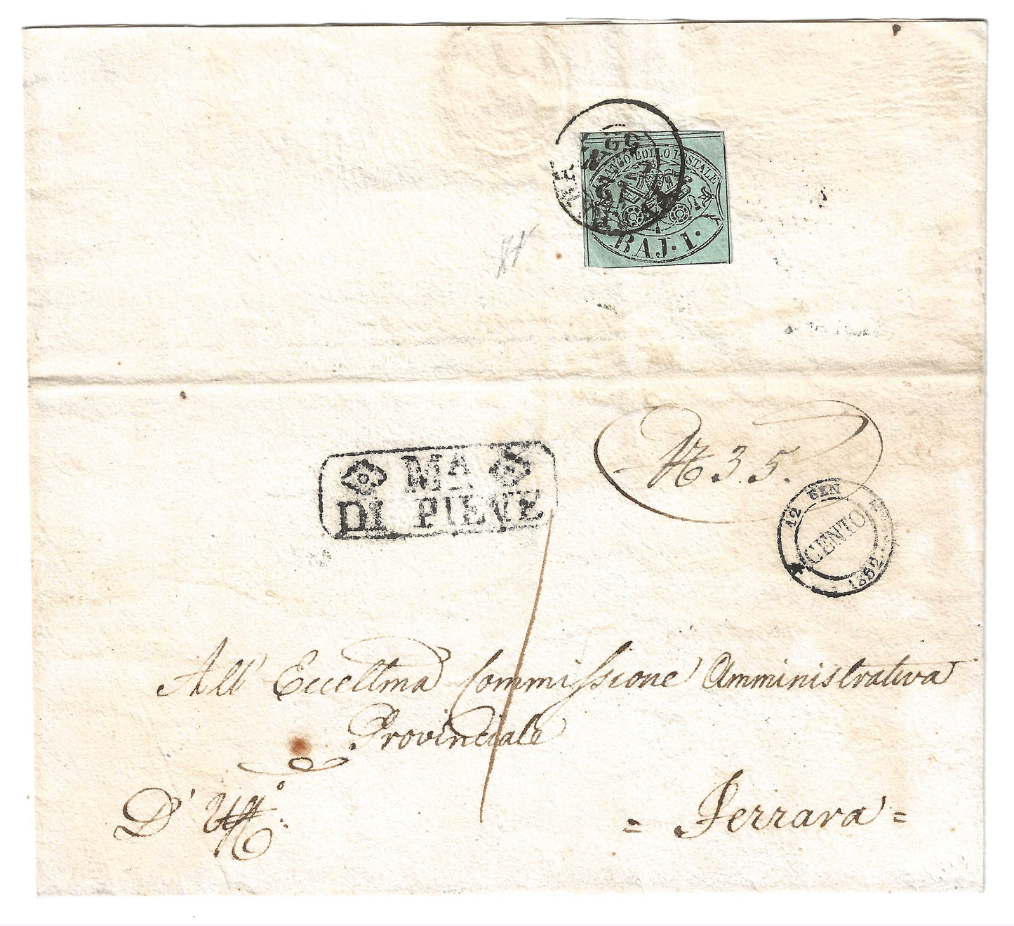 1852 Stato Pontificio - Piego da CENTO a Ferrara con 1 baj. primi giorni d'uso