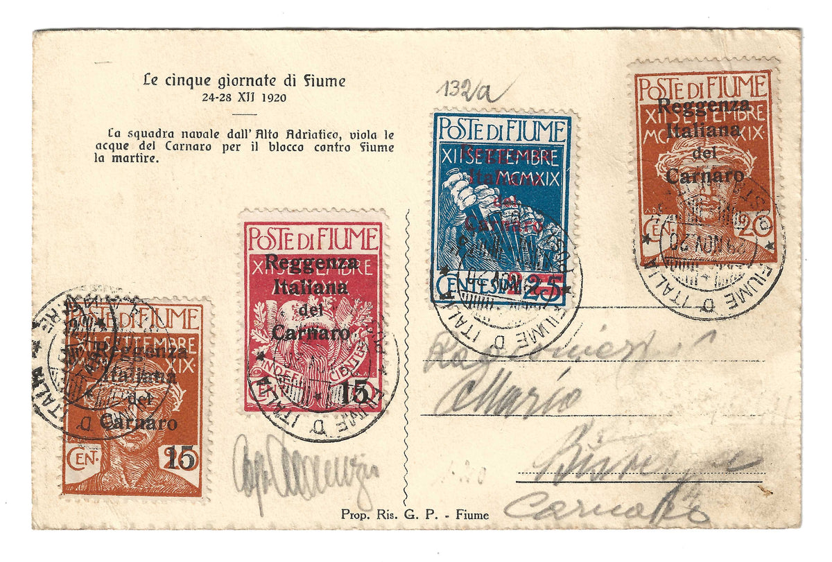 1920 Fiume Cartolina con raro francobollo 15 su 10 c. e altri Reggenza Italiana del Carnaro