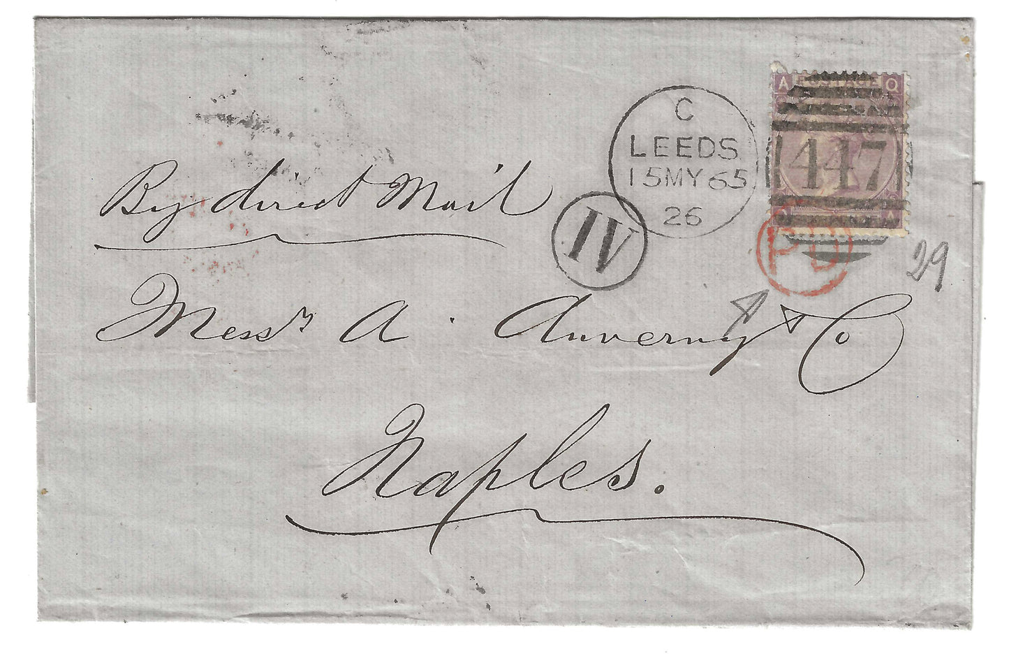 1865 Gran Bretagna - Piego di lettera con francobollo da 6 p. violetto da Leeds a Napoli