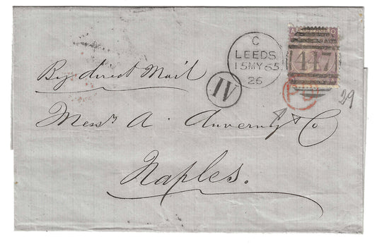 1865 Gran Bretagna - Piego di lettera con francobollo da 6 p. violetto da Leeds a Napoli